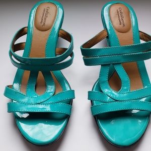 Turquoise Teal Aqua Patent Mules Slip-on Sandals Wedges Heels